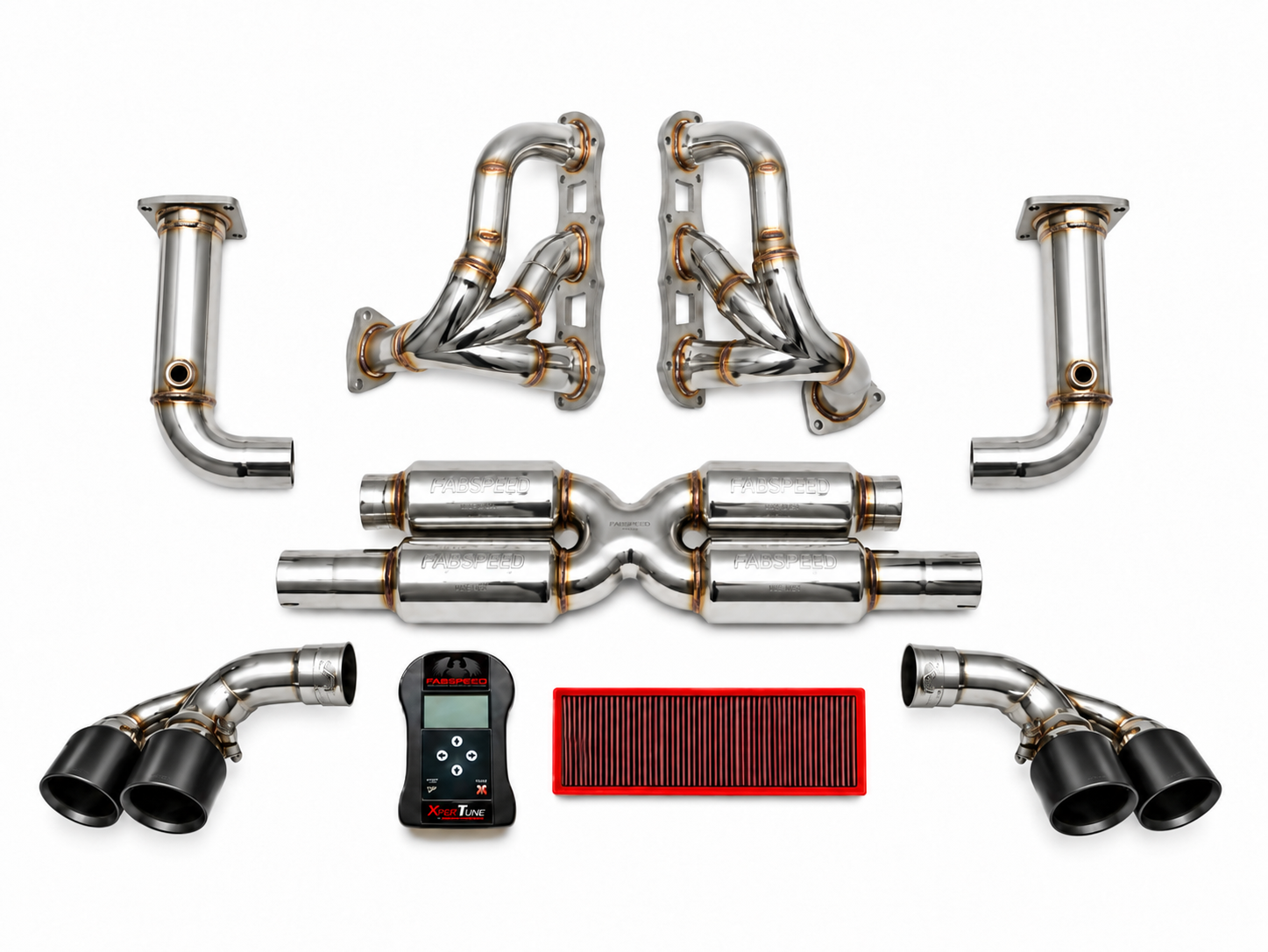 Fabspeed RACE Supersport Performance Package, Quad Tips Satin Black. Porsche 991.2 Turbo / Turbo S (2017+) - 99111173171, 99111173140, 99711300930, 99711301030, 99111171172, 99111171272 - FB798/20, FS.POR.9912T.ET, FS.POR.9912T.SHDR, FS.POR.9912T.SSRXQB